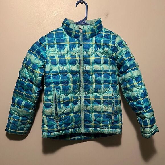 L. L. Bean Kid's Blue Abstract Hooded Insulation Downtek Puffer Jacket Size 8 - Picture 1 of 10